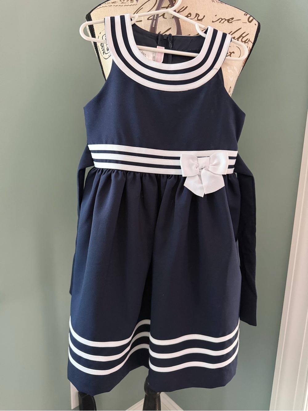 Jessica Ann Navy and White Striped Bow-Trim Formal Girls Dress